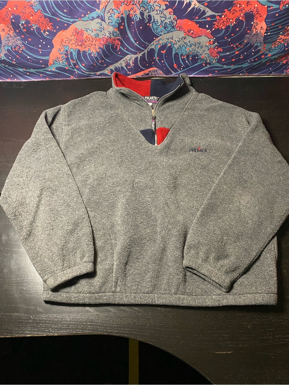 Premier Men's Grey Half-Zip Sweater with Red & Navy Trim